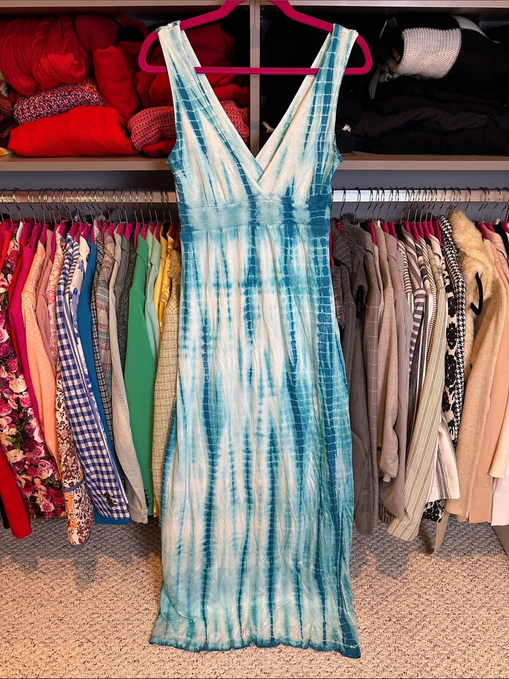 Pink Rose blue/white tie dye sleeveless v neck lined maxi dress size S